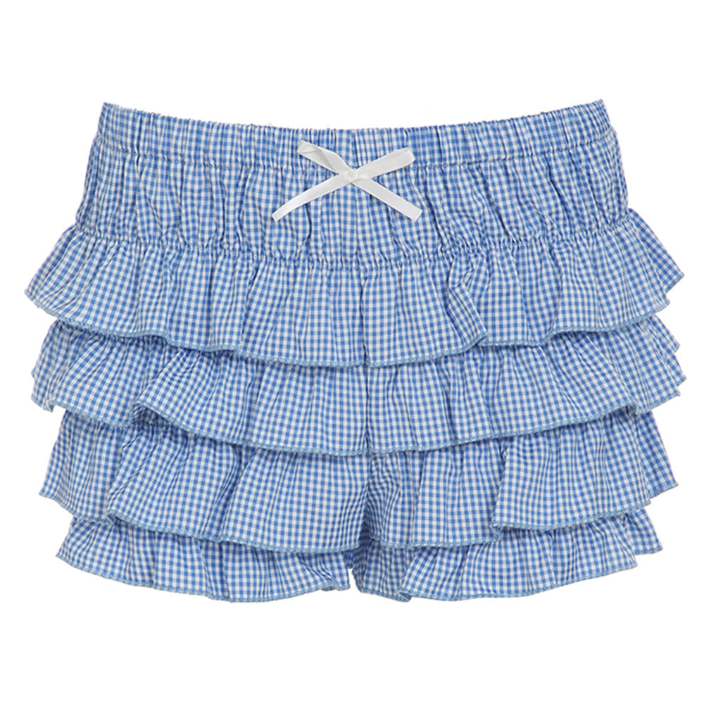 BLUE GINGHAM RUFFLED SHORTS FOR GIRLS
