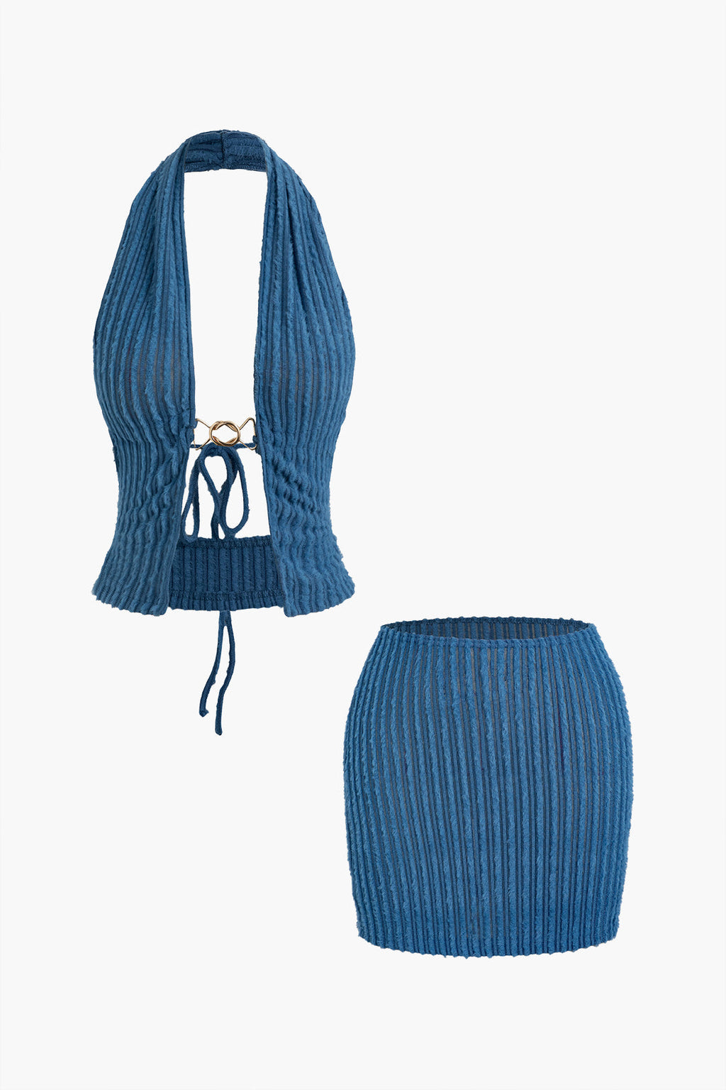 BLUE KNIT HALTER TOP AND SKIRT SET CASUAL JERSEY SETS
