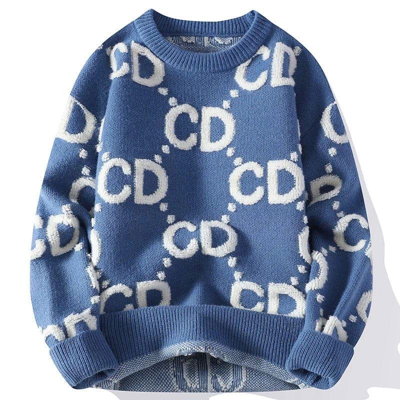BLUE KNIT SWEATER WITH CD PATTERN FOR YOUR FITNESS JOURNEY