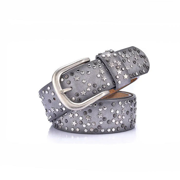 BLUE LEATHER BELT WITH SILVER STARS AND STUDS FOR MEN AND WOMEN