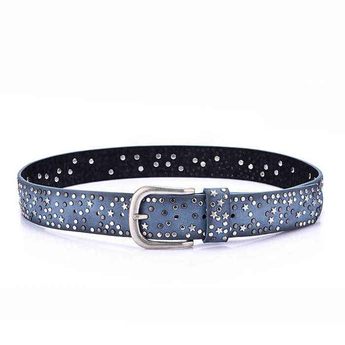 BLUE LEATHER BELT WITH SILVER STARS AND STUDS FOR MEN AND WOMEN