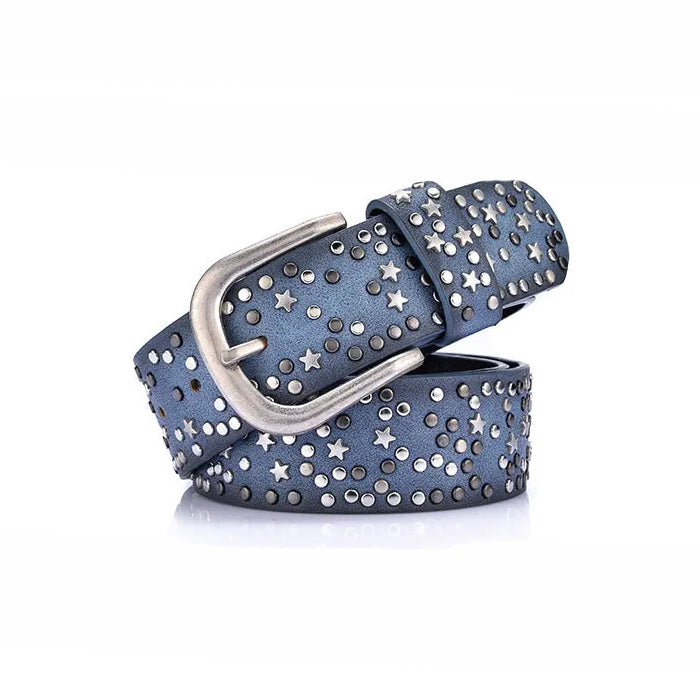 BLUE LEATHER BELT WITH SILVER STARS AND STUDS FOR MEN AND WOMEN