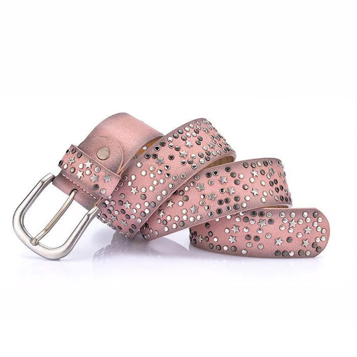 BLUE LEATHER BELT WITH SILVER STARS AND STUDS FOR MEN AND WOMEN