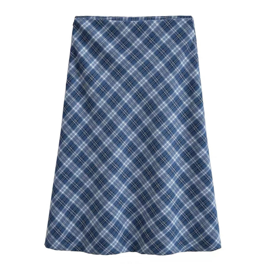 BLUE PLAID A-LINE MIDI SKIRT