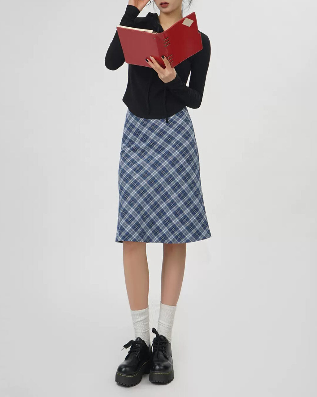 BLUE PLAID A-LINE MIDI SKIRT