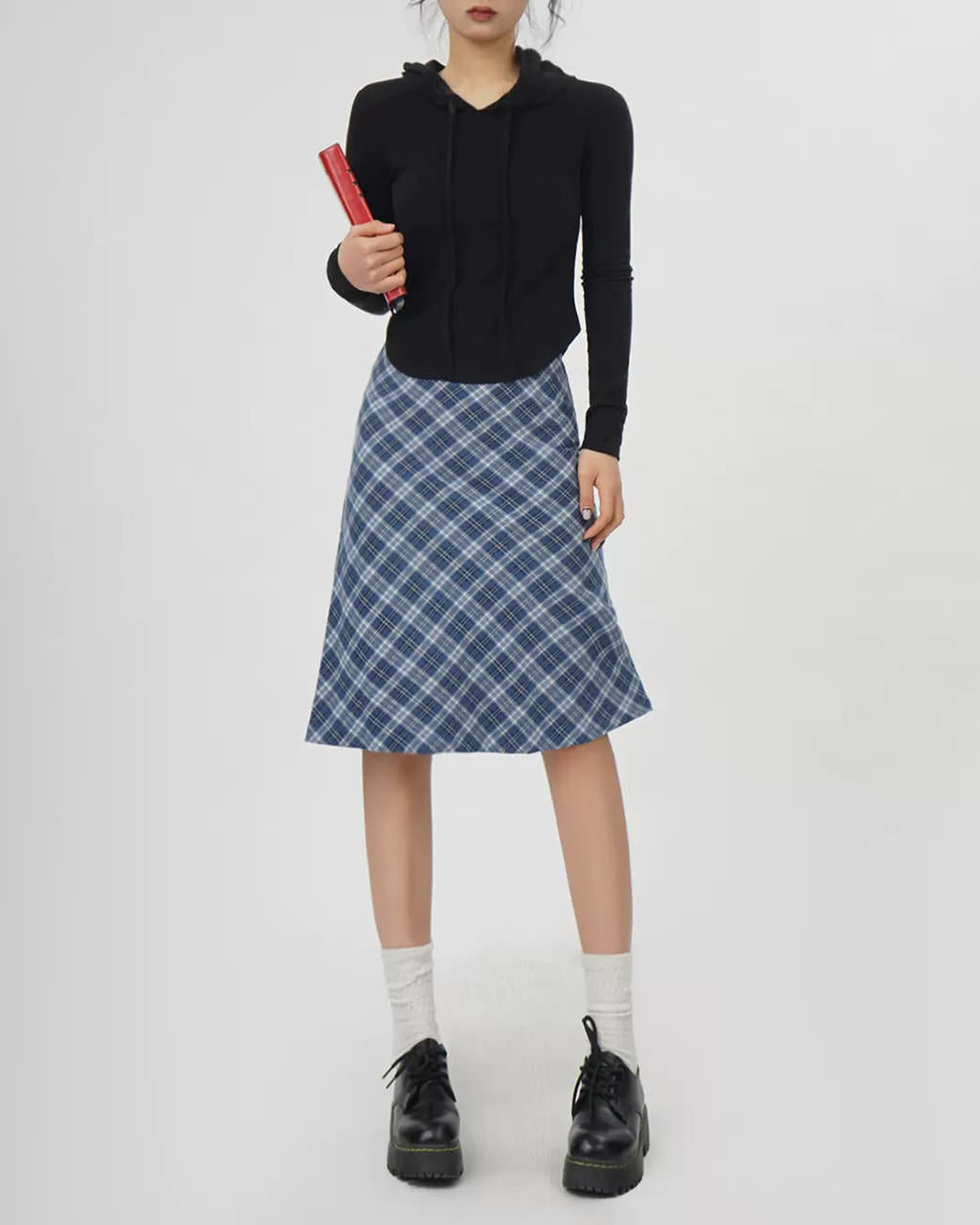 BLUE PLAID A-LINE MIDI SKIRT