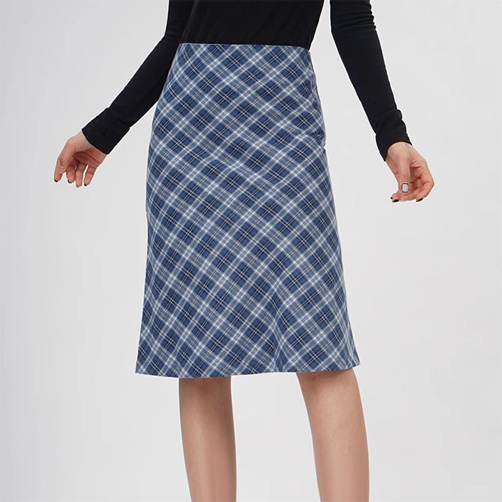 BLUE PLAID A-LINE MIDI SKIRT