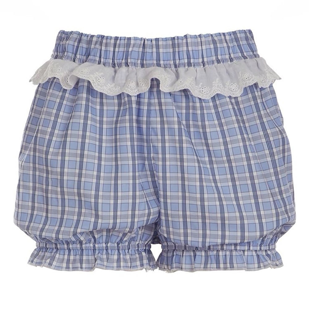 BLUE PLAID BLOOMERS WITH WHITE LACE TRIM FOR CHILDREN