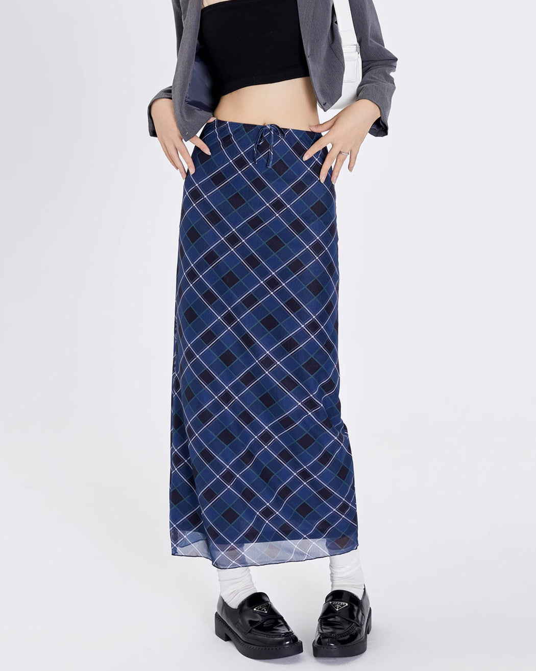 BLUE PLAID MAXI SKIRT