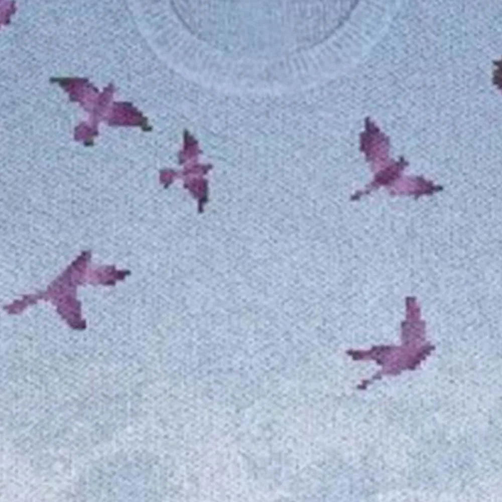 BLUE SWEATER WITH BIRD AND WAVE PATTERN FEATURING CHARMING BIRD MOTIFS