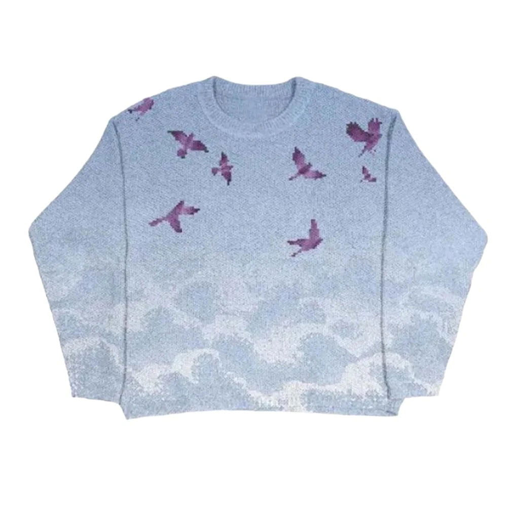 BLUE SWEATER WITH BIRD AND WAVE PATTERN FEATURING CHARMING BIRD MOTIFS