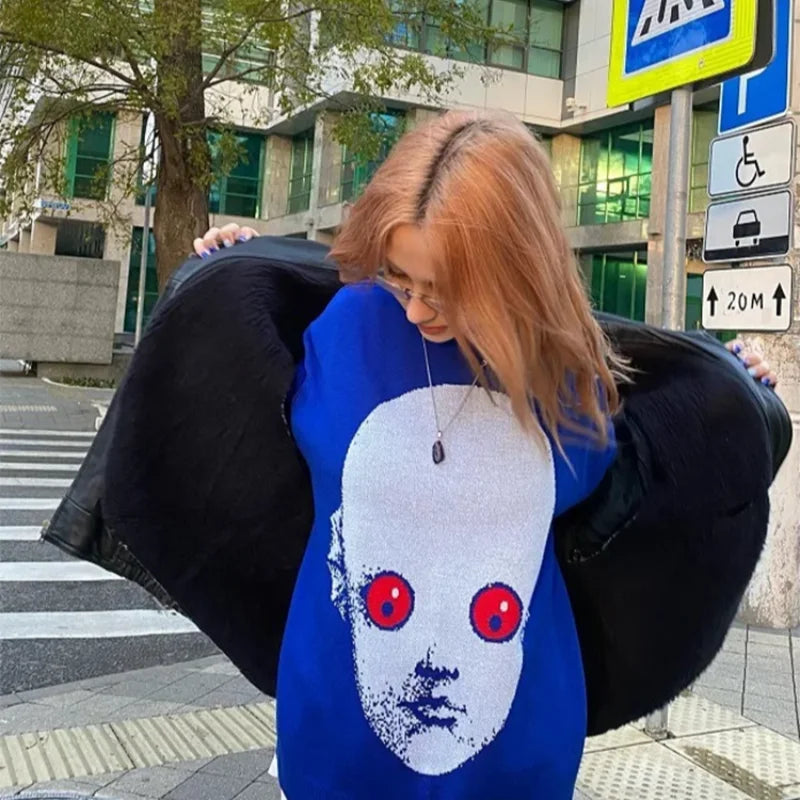 BLUE SWEATER WITH FACE DESIGN - STREET SWEATER GOTHIC