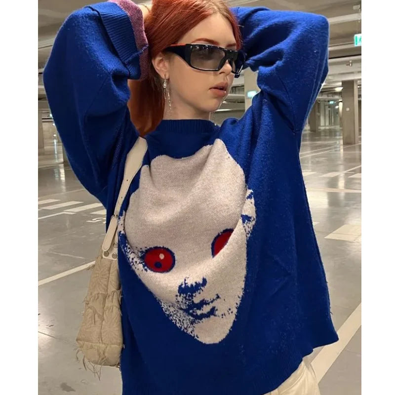 BLUE SWEATER WITH FACE DESIGN - STREET SWEATER GOTHIC