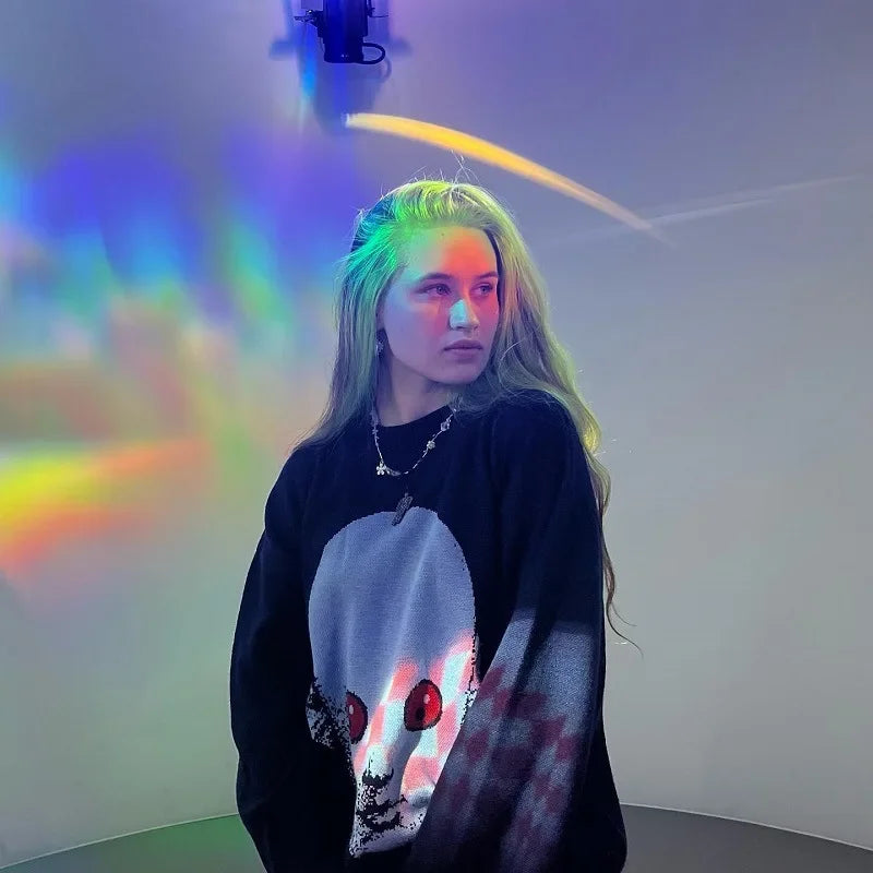 BLUE SWEATER WITH FACE DESIGN - STREET SWEATER GOTHIC