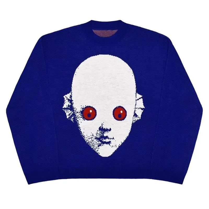 BLUE SWEATER WITH FACE DESIGN - STREET SWEATER GOTHIC
