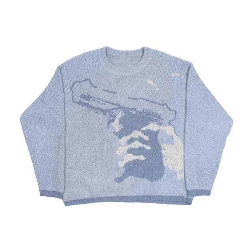 BLUE SWEATER WITH GUN GRAPHIC KNIT HANDS DESIGN