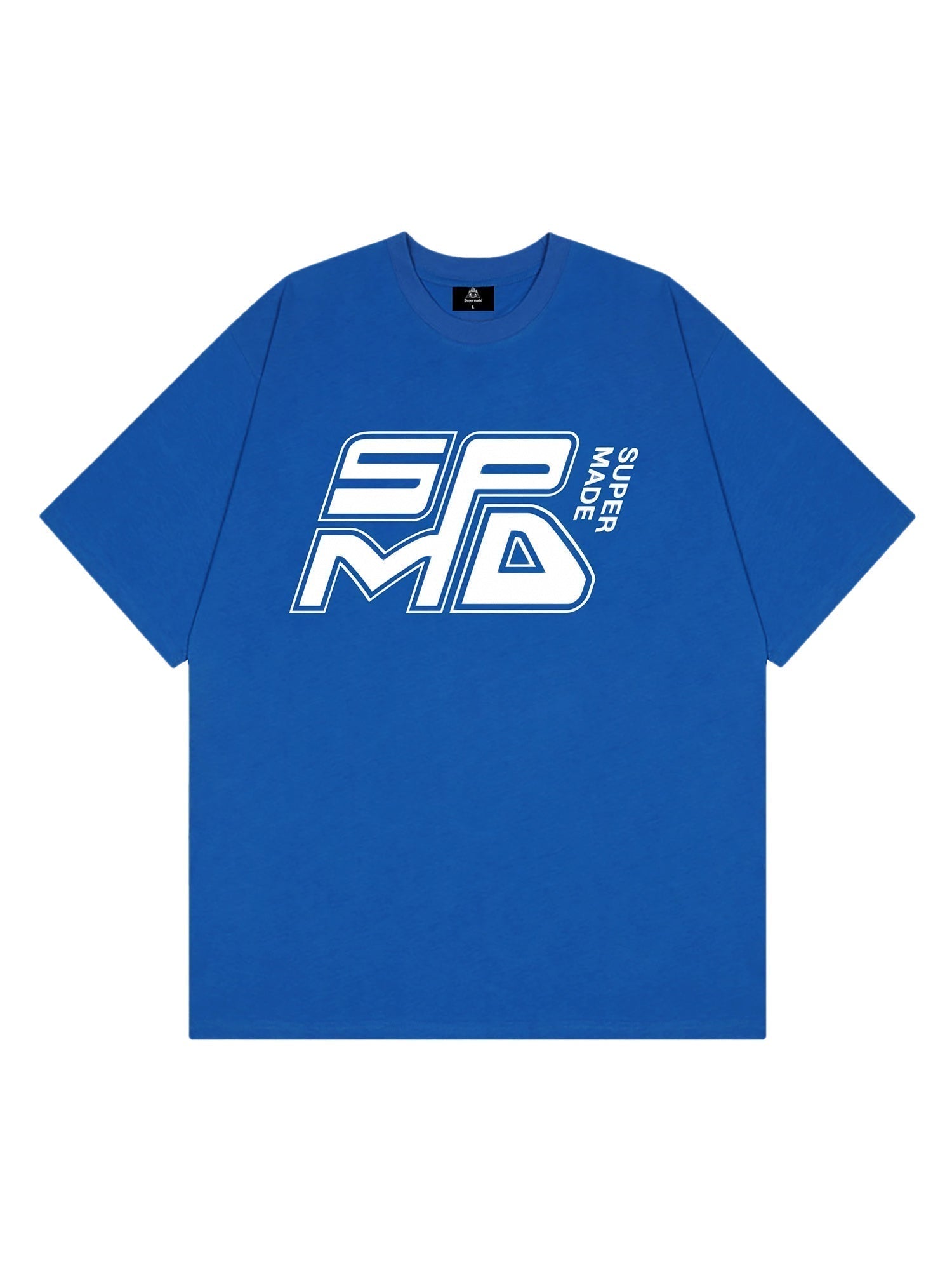 BLUE T-SHIRT WITH WHITE GRAPHIC SUPERMADE LOGO PRINT