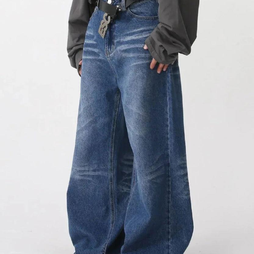 BLUE WIDE-LEG DENIM JEANS BAGGY DENIM STYLE