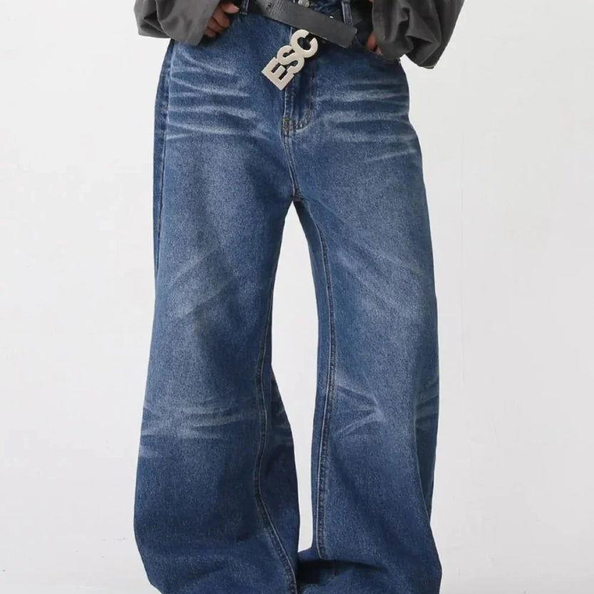 BLUE WIDE-LEG DENIM JEANS BAGGY DENIM STYLE