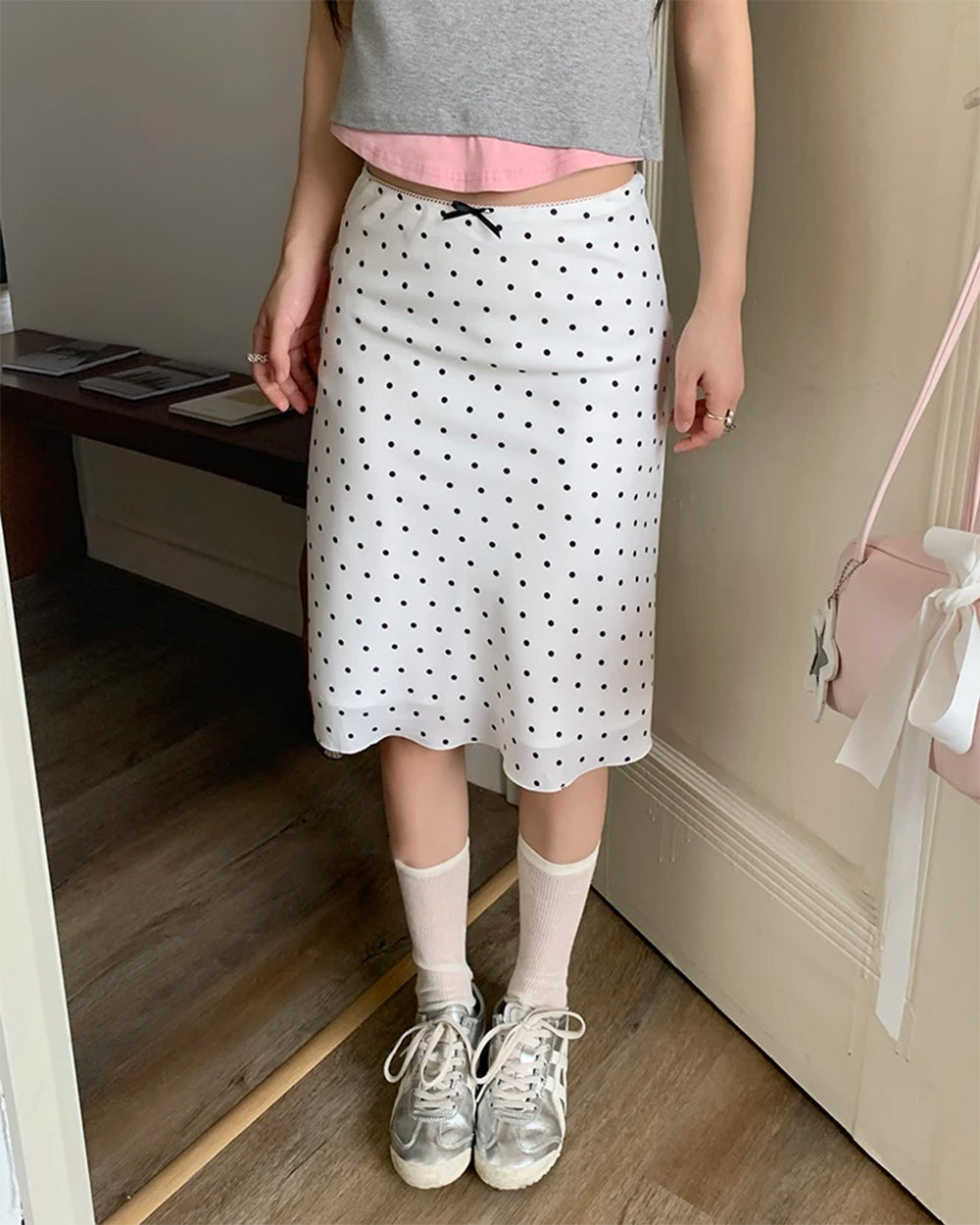BOW DOT MIDI SKIRT: WHITE POLKA DOT