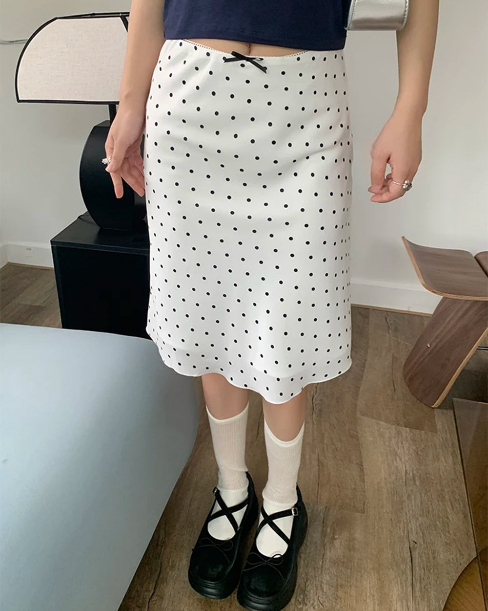 BOW DOT MIDI SKIRT: WHITE POLKA DOT