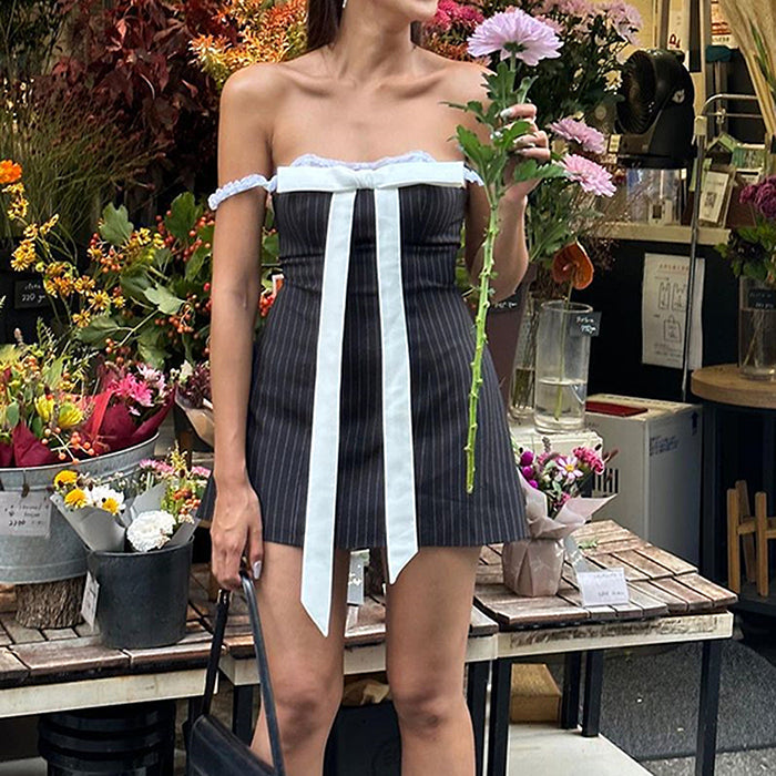 BOW LACE STRIPED MINI DRESS PINSTRIPE BOW MINI DRESS