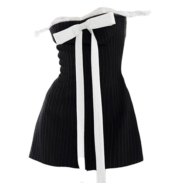 BOW LACE STRIPED MINI DRESS PINSTRIPE BOW MINI DRESS