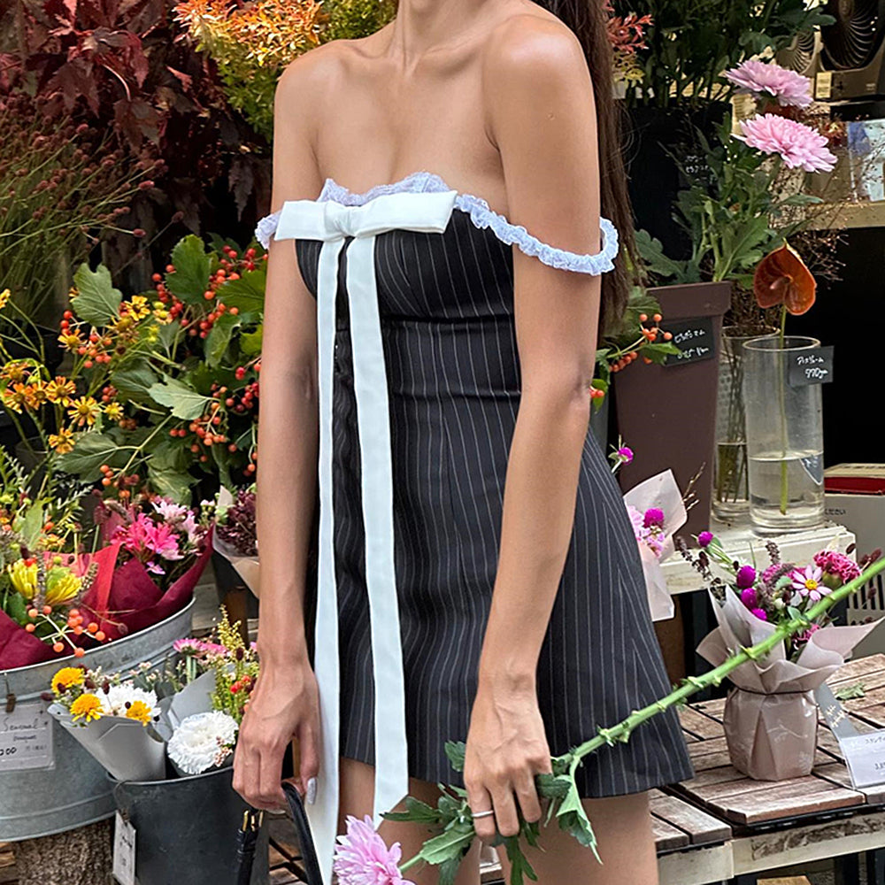 BOW LACE STRIPED MINI DRESS PINSTRIPE BOW MINI DRESS