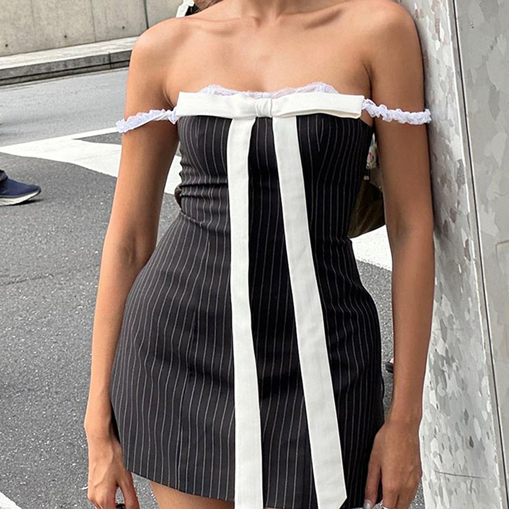 BOW LACE STRIPED MINI DRESS PINSTRIPE BOW MINI DRESS