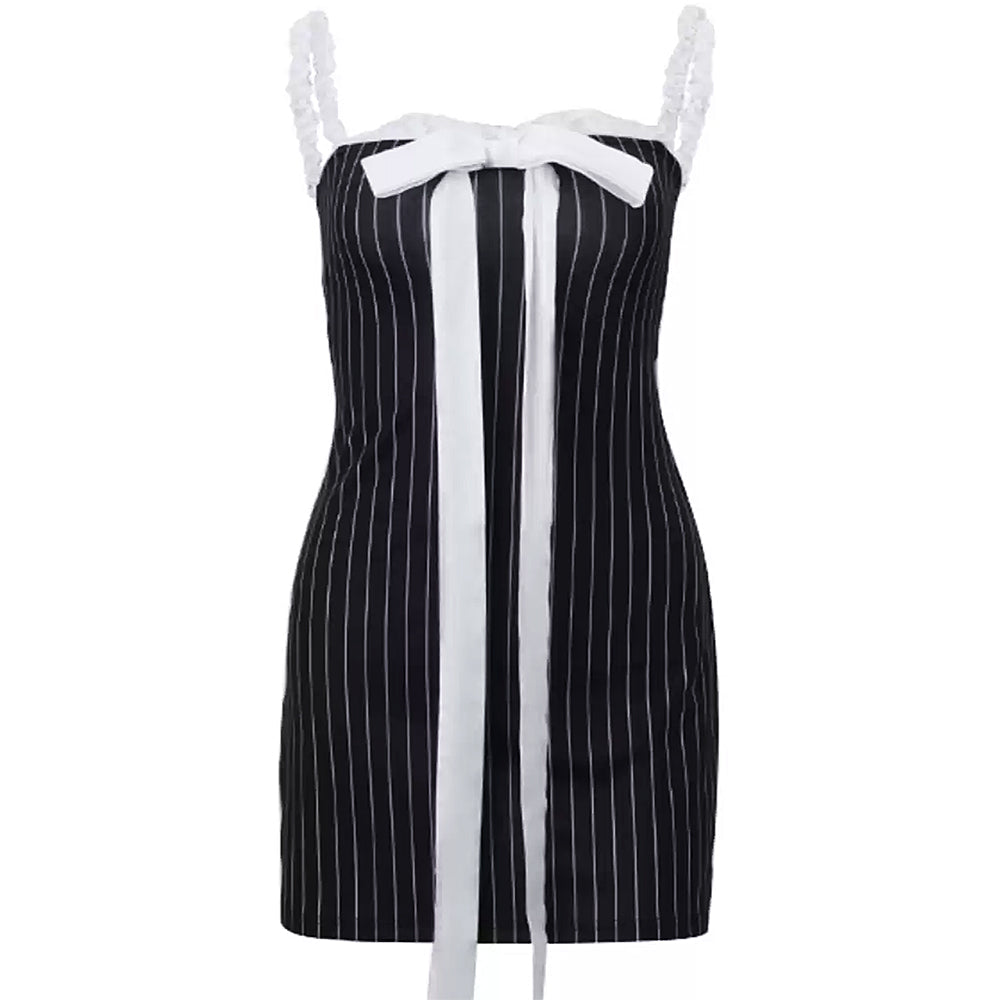 BOW LACE STRIPED MINI DRESS PINSTRIPE BOW MINI DRESS
