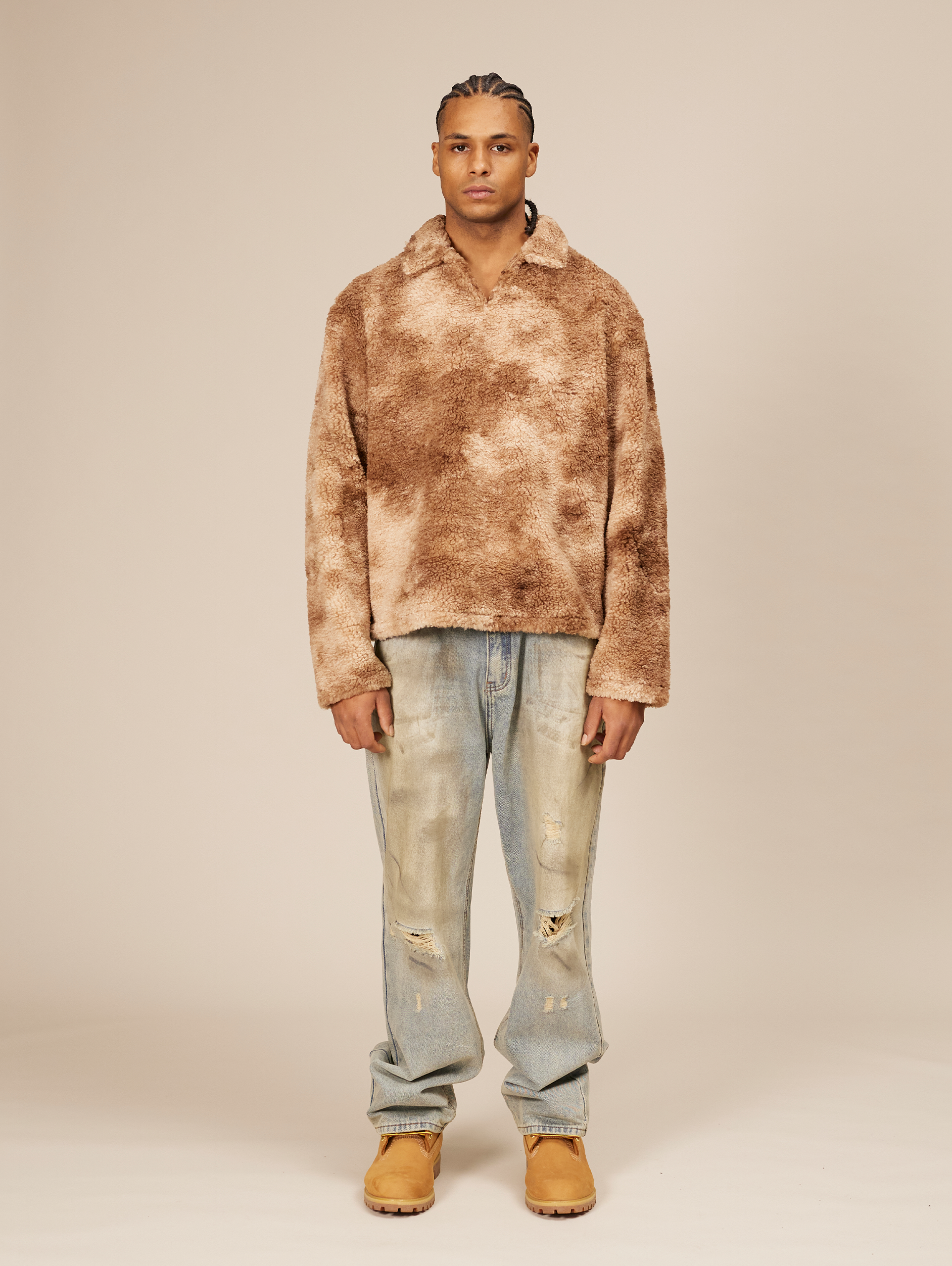 BROWN AND BEIGE TIE-DYE FLEECE PULLOVER OVERSIZED DROPPED SHOULDER