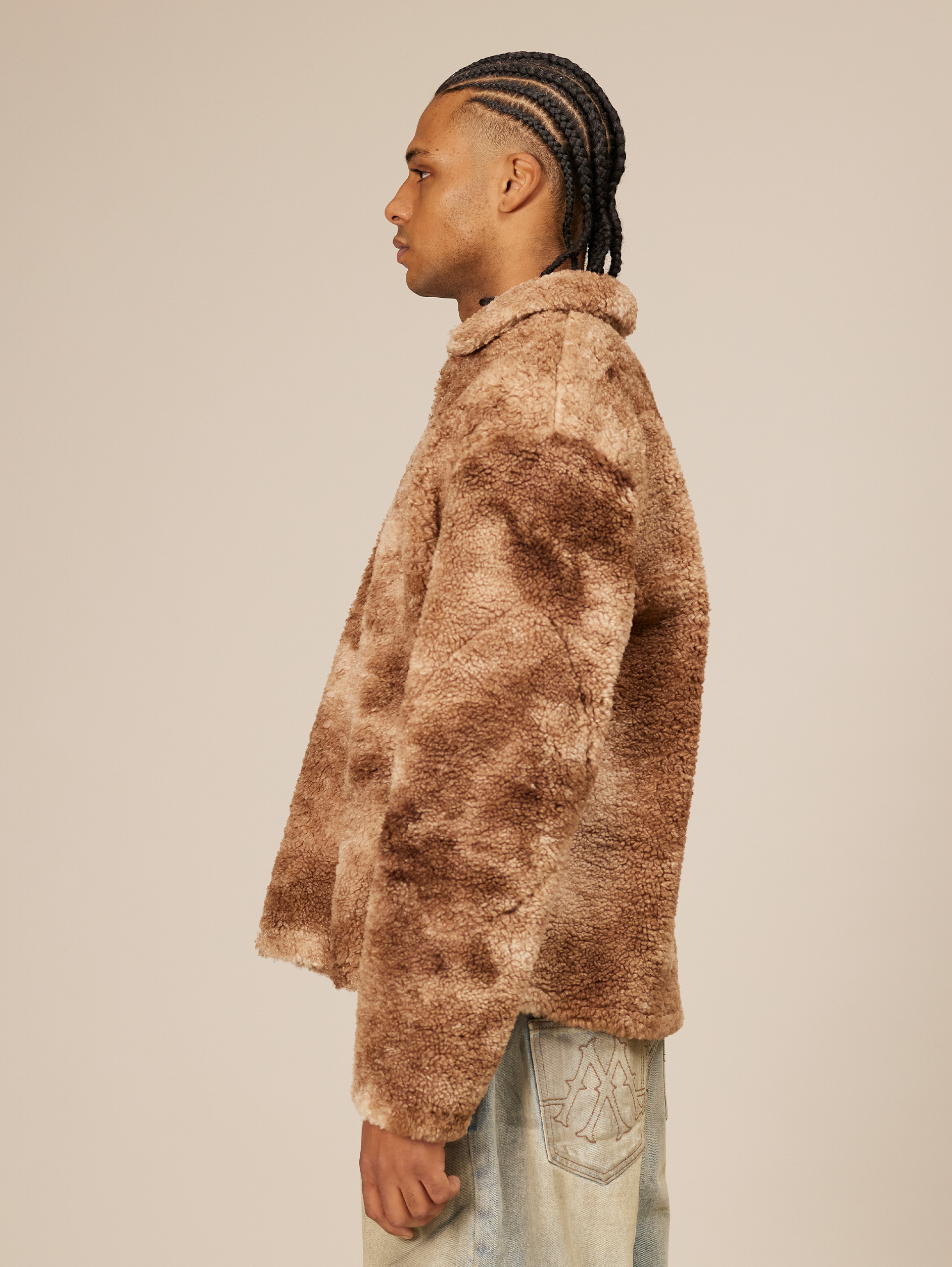 BROWN AND BEIGE TIE-DYE FLEECE PULLOVER OVERSIZED DROPPED SHOULDER