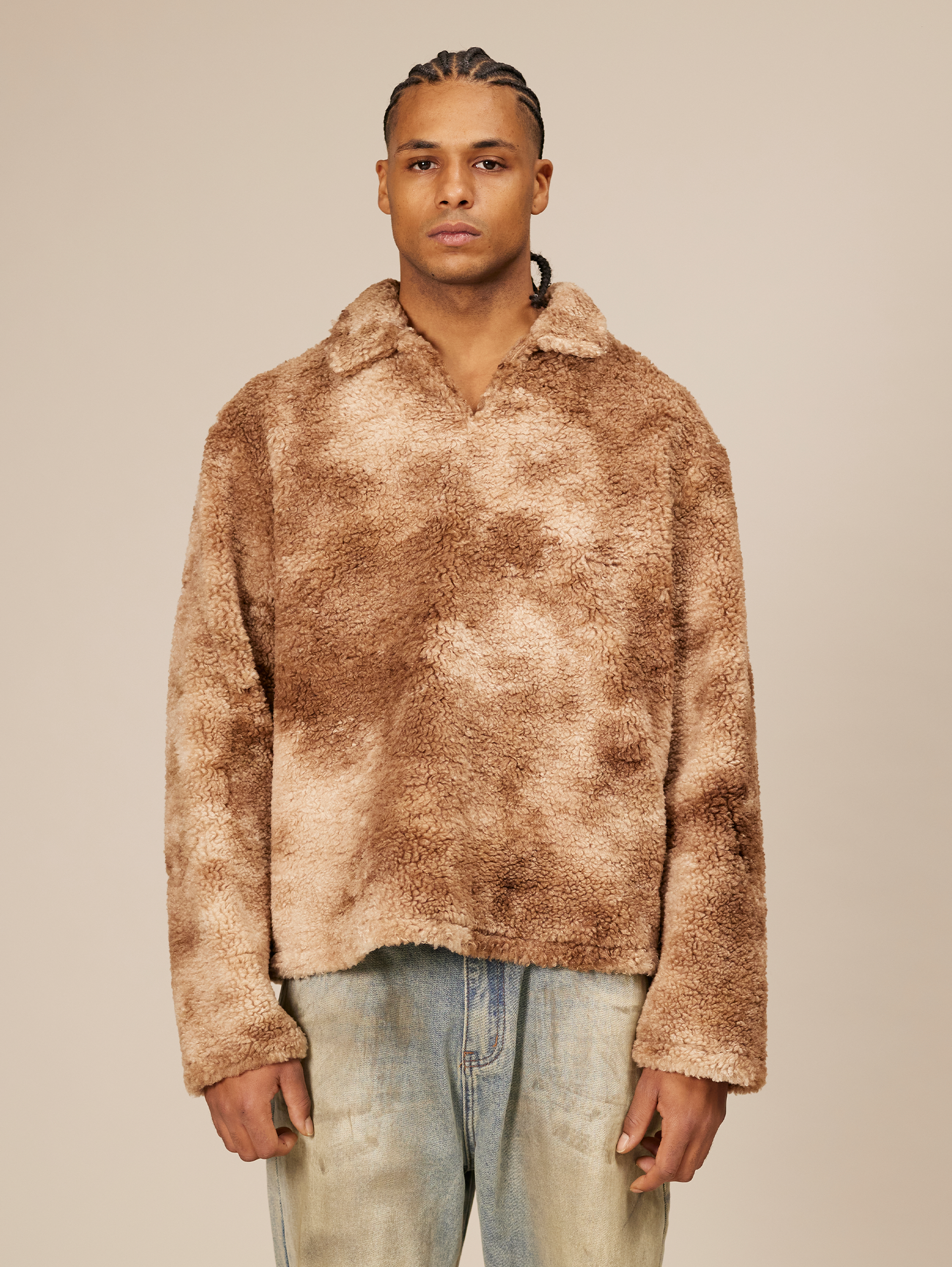 BROWN AND BEIGE TIE-DYE FLEECE PULLOVER OVERSIZED DROPPED SHOULDER