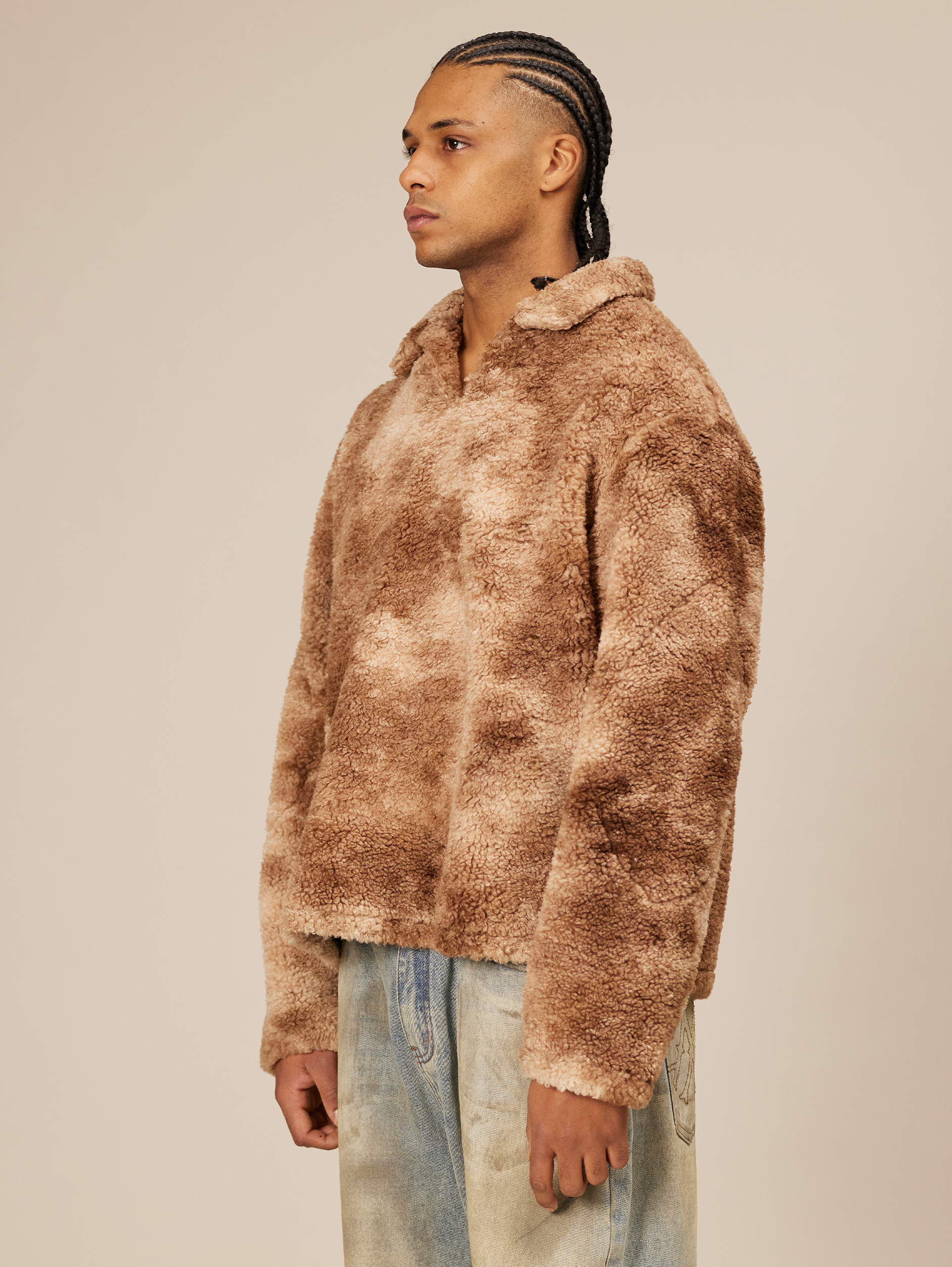 BROWN AND BEIGE TIE-DYE FLEECE PULLOVER OVERSIZED DROPPED SHOULDER