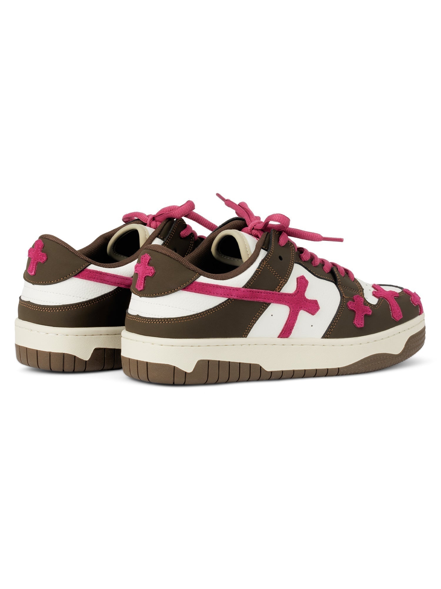 BROWN AND WHITE SNEAKERS WITH PINK ACCENTS LIGHTWEIGHT BREATHABLE ANKLE