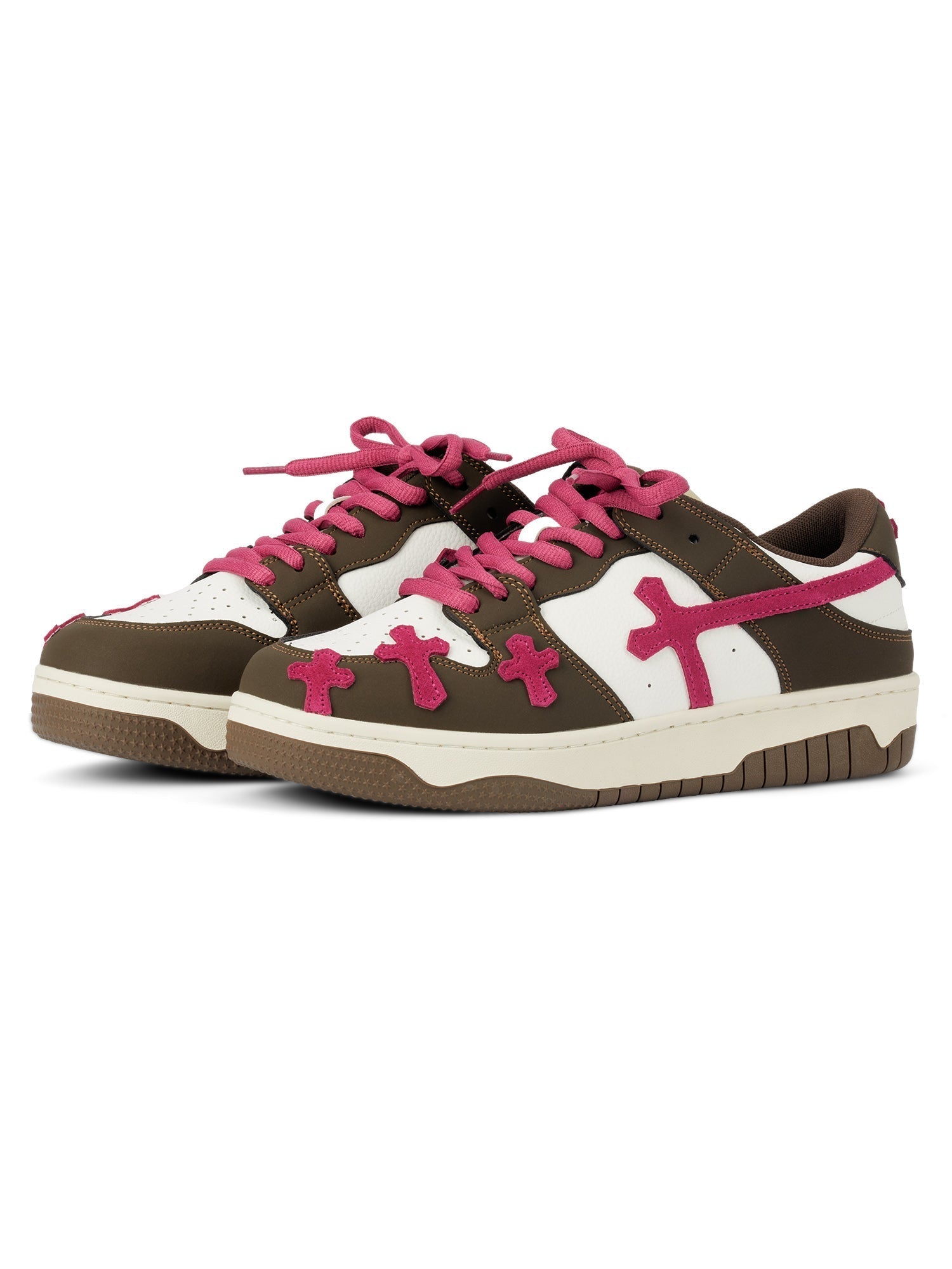 BROWN AND WHITE SNEAKERS WITH PINK ACCENTS LIGHTWEIGHT BREATHABLE ANKLE