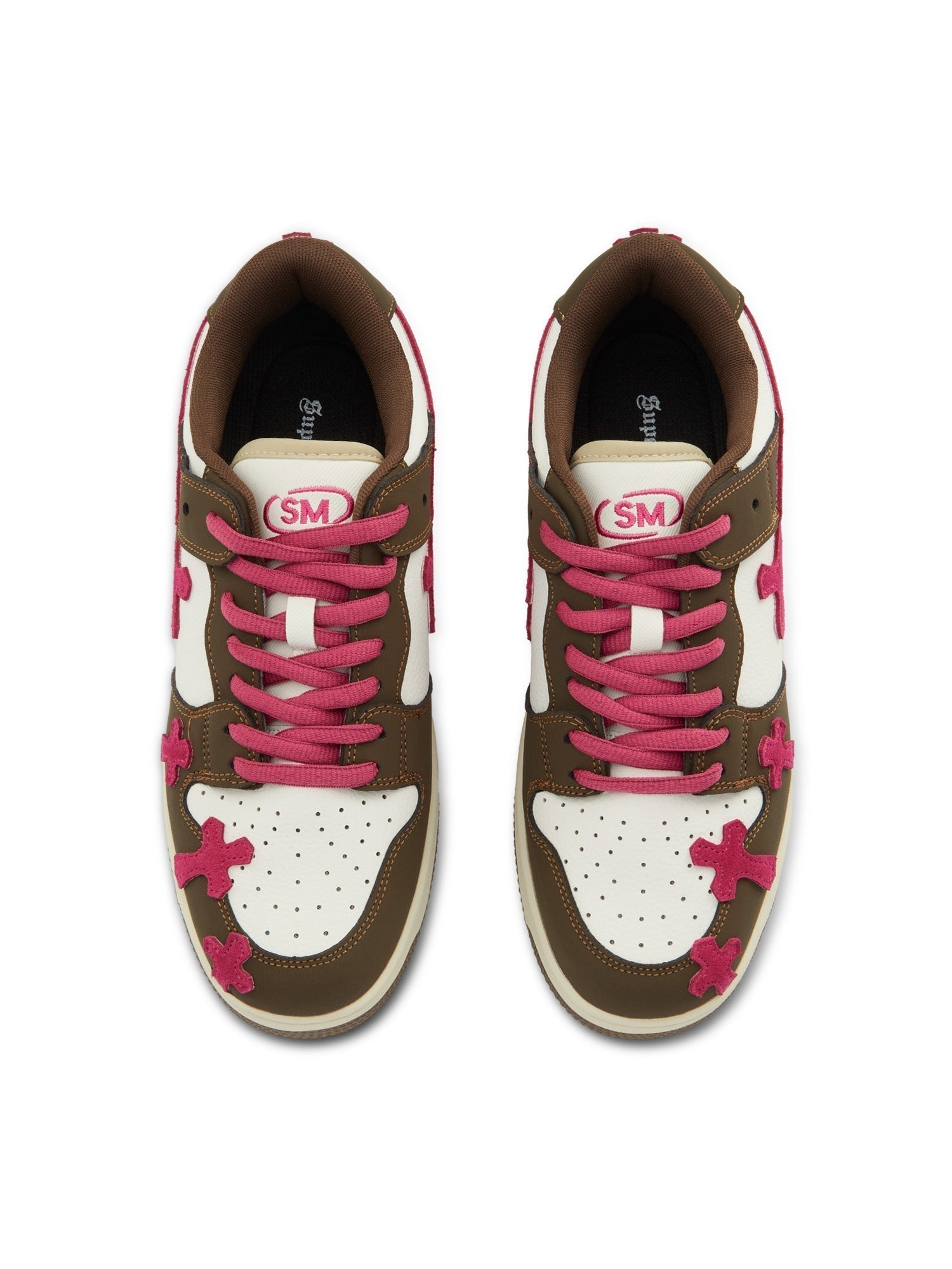 BROWN AND WHITE SNEAKERS WITH PINK ACCENTS LIGHTWEIGHT BREATHABLE ANKLE