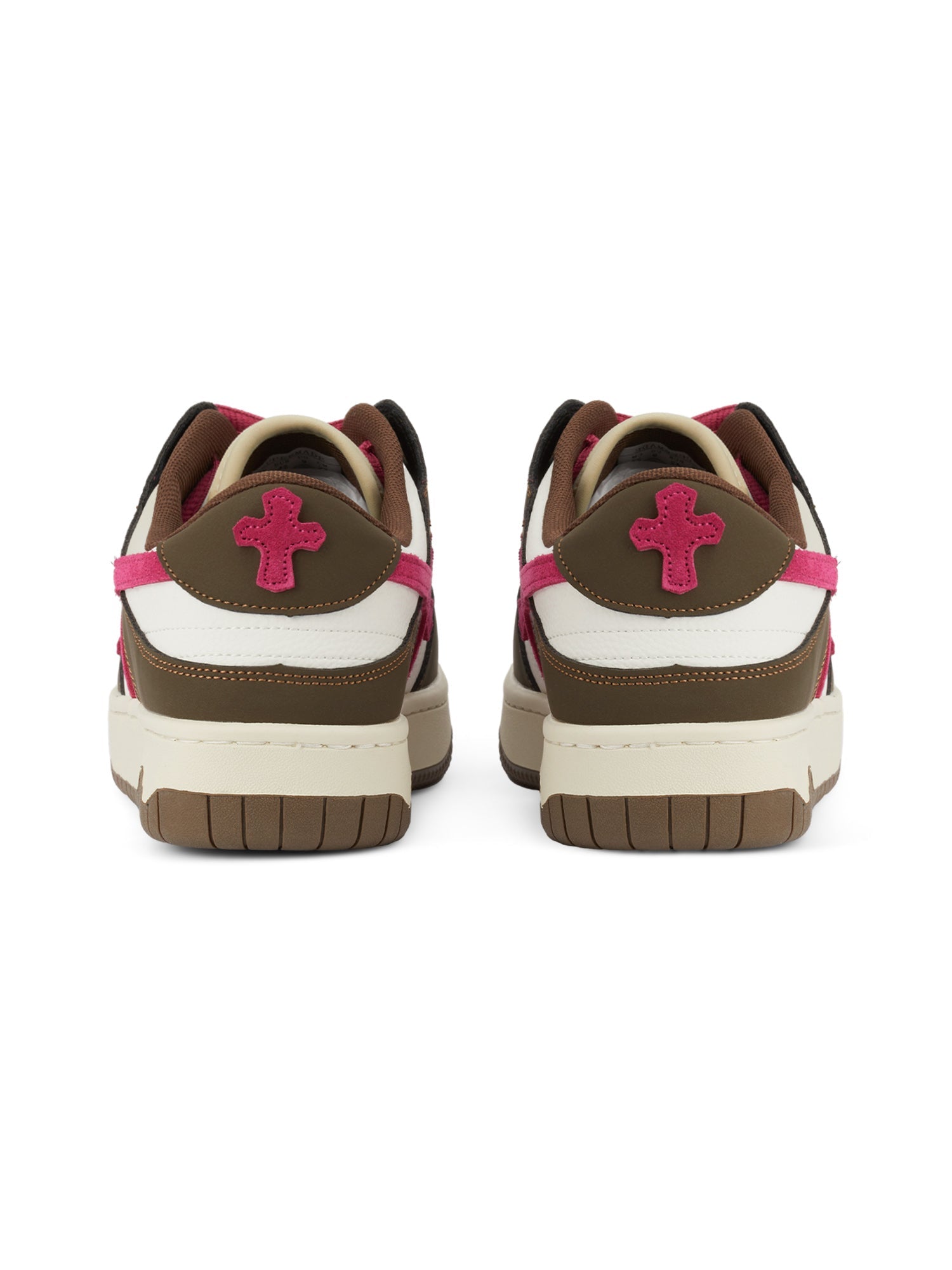 BROWN AND WHITE SNEAKERS WITH PINK ACCENTS LIGHTWEIGHT BREATHABLE ANKLE