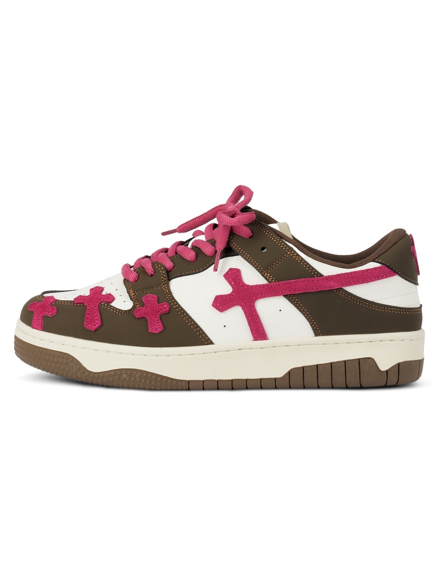 BROWN AND WHITE SNEAKERS WITH PINK ACCENTS LIGHTWEIGHT BREATHABLE ANKLE