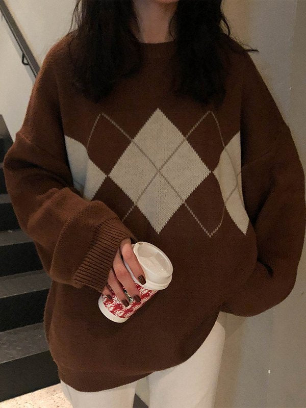 BROWN ARGYLE KNIT SWEATER VINTAGE ARGYLE SWEATER