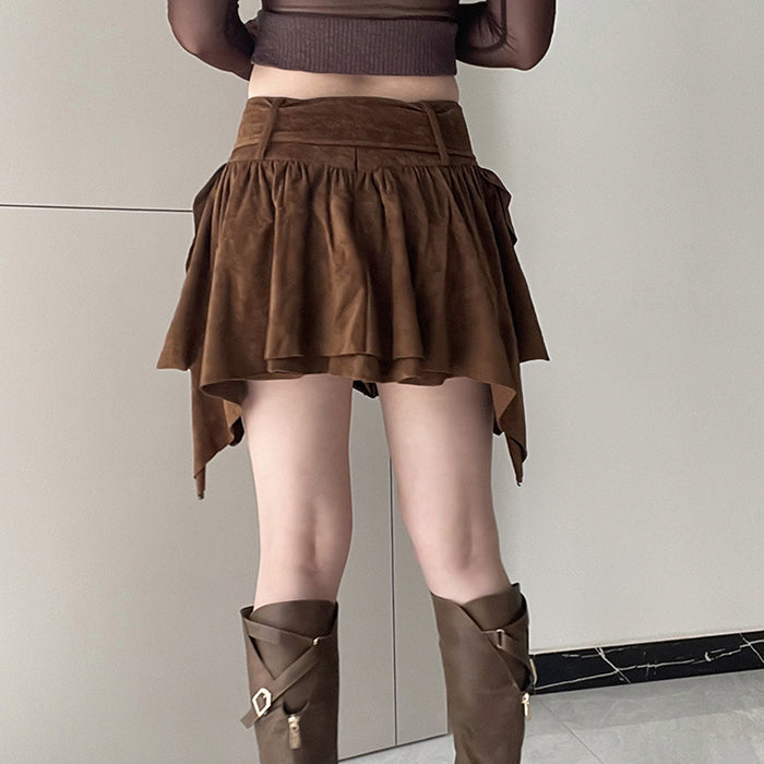 BROWN ASYMMETRICAL BELTED SKIRT FOR WOMEN
