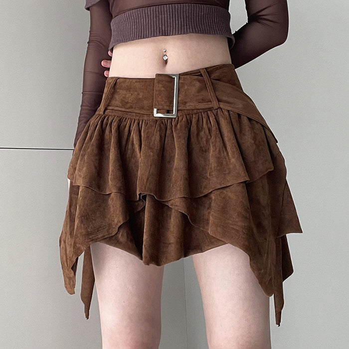 BROWN ASYMMETRICAL BELTED SKIRT FOR WOMEN