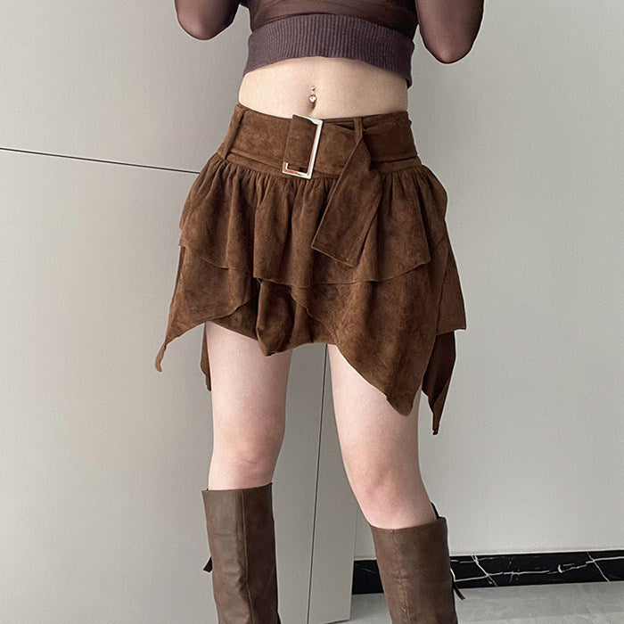 BROWN ASYMMETRICAL BELTED SKIRT FOR WOMEN
