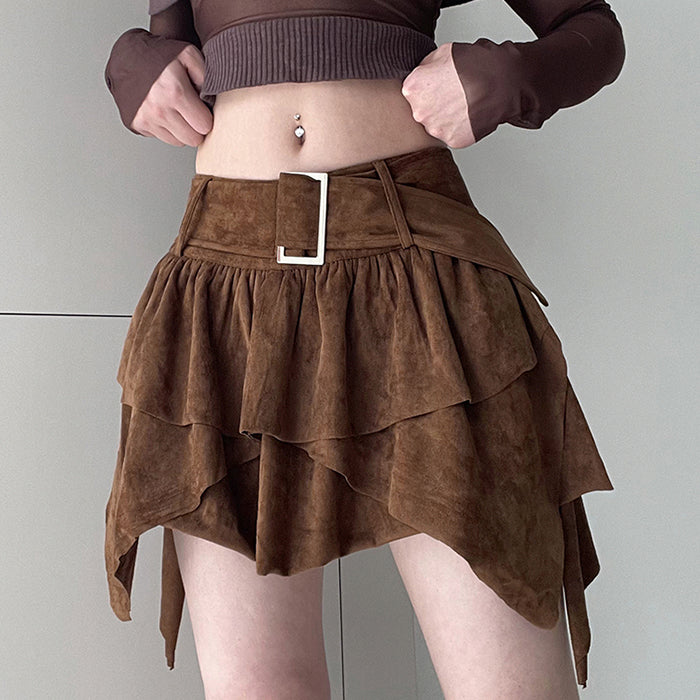 BROWN ASYMMETRICAL BELTED SKIRT FOR WOMEN
