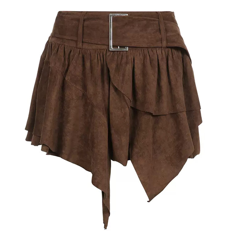 BROWN ASYMMETRICAL BELTED SKIRT FOR WOMEN