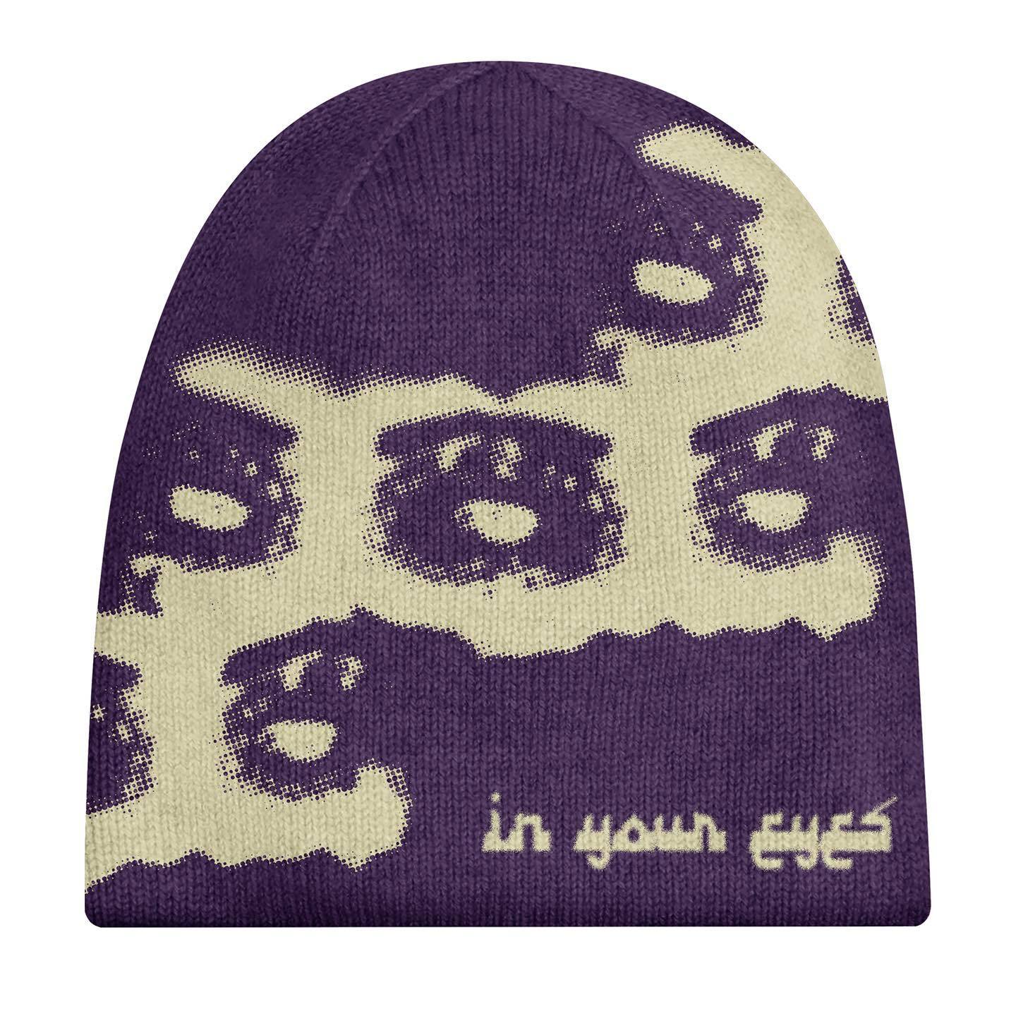 BROWN BEANIE WITH EYE PATTERN - JACQUARD STREETWEAR HIP