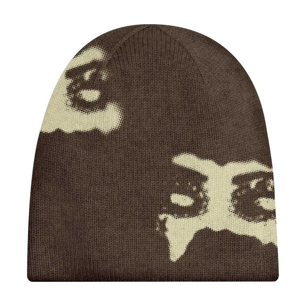 BROWN BEANIE WITH EYE PATTERN Y2K STYLE WINTER ACCESSORY