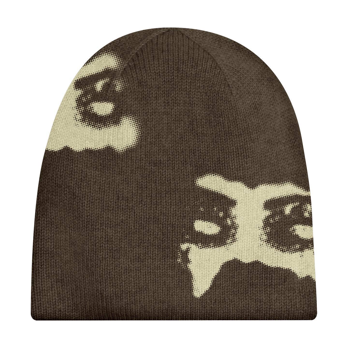 BROWN BEANIE WITH EYE PATTERN Y2K STYLE WINTER ACCESSORY