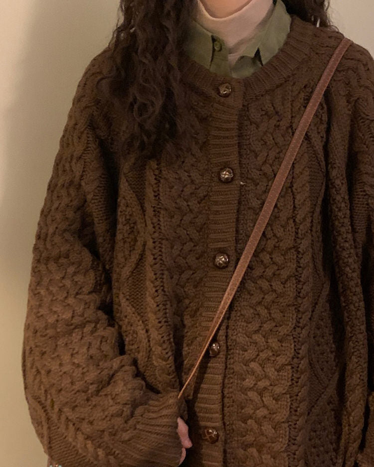 BROWN CABLE-KNIT CARDIGAN FOR WOMEN AND MEN ONLINE