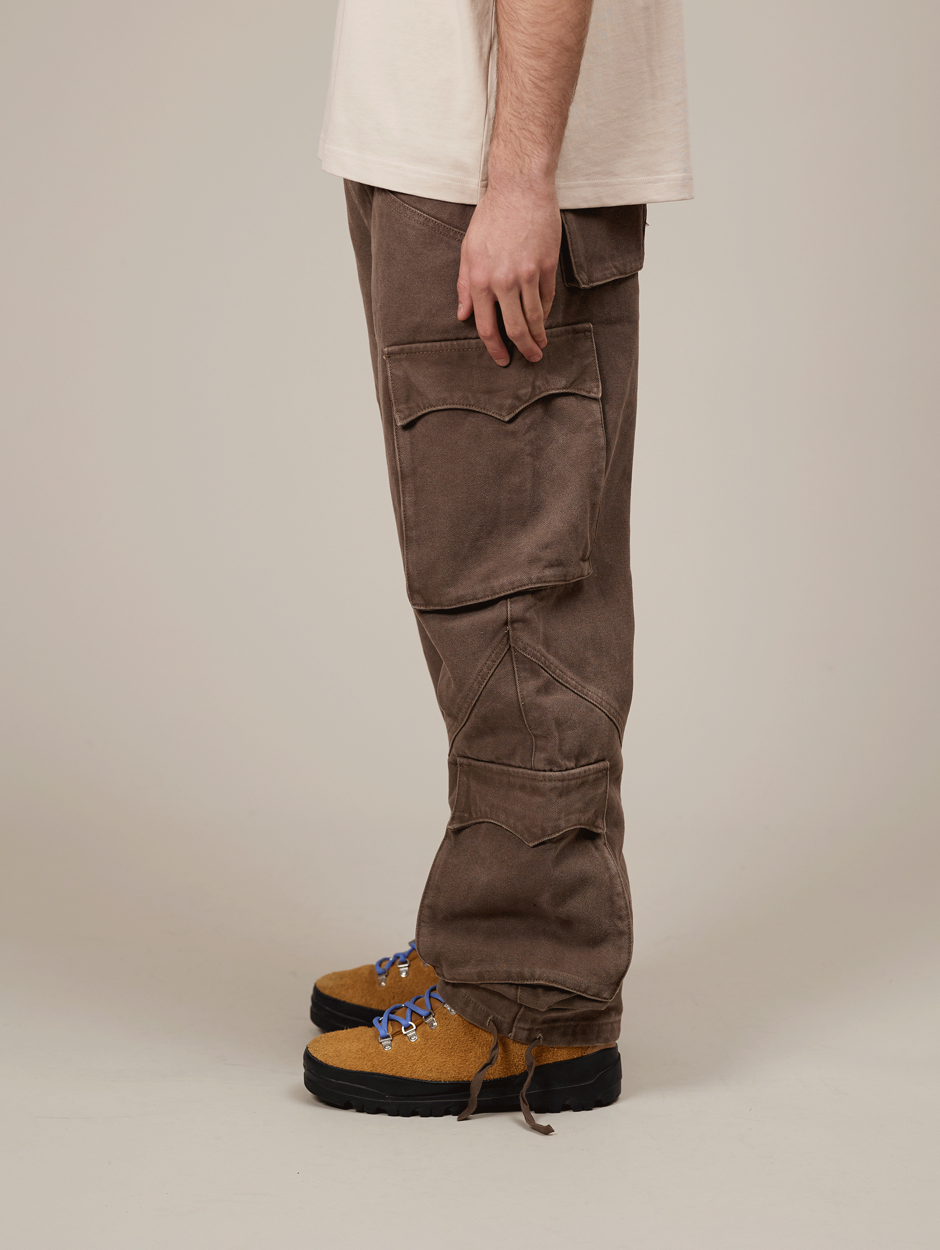 BROWN CARGO PANTS IN HEAVY COTTON - BROWN WASHED STYLE